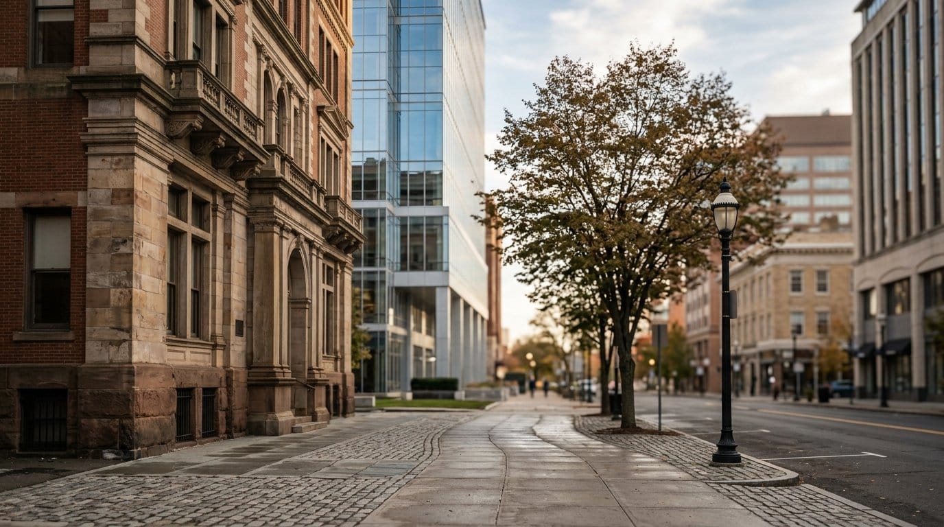 Hartford County business district, atmospheric editorial photograph.