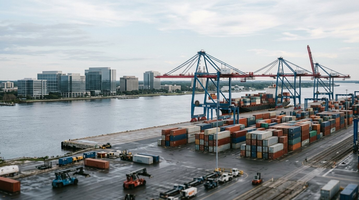 Jacksonville business district, atmospheric editorial photograph.