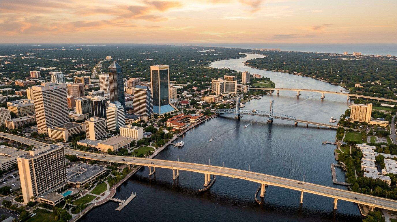 Jacksonville, FL skyline, editorial photograph.