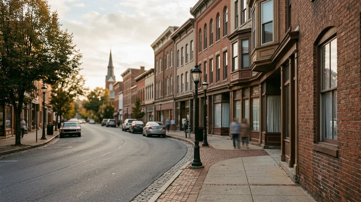 Lancaster County business district, atmospheric editorial photograph.