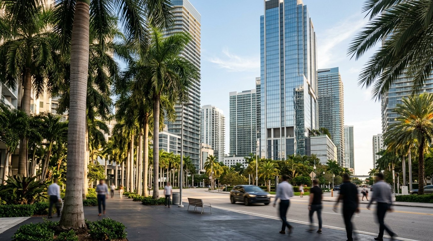 Miami business district, atmospheric editorial photograph.