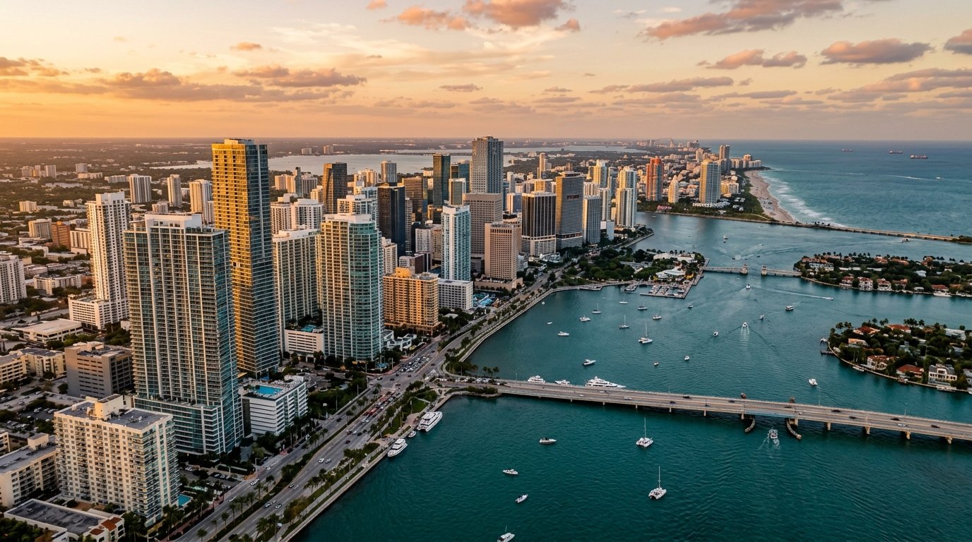 Miami, FL skyline, editorial photograph.