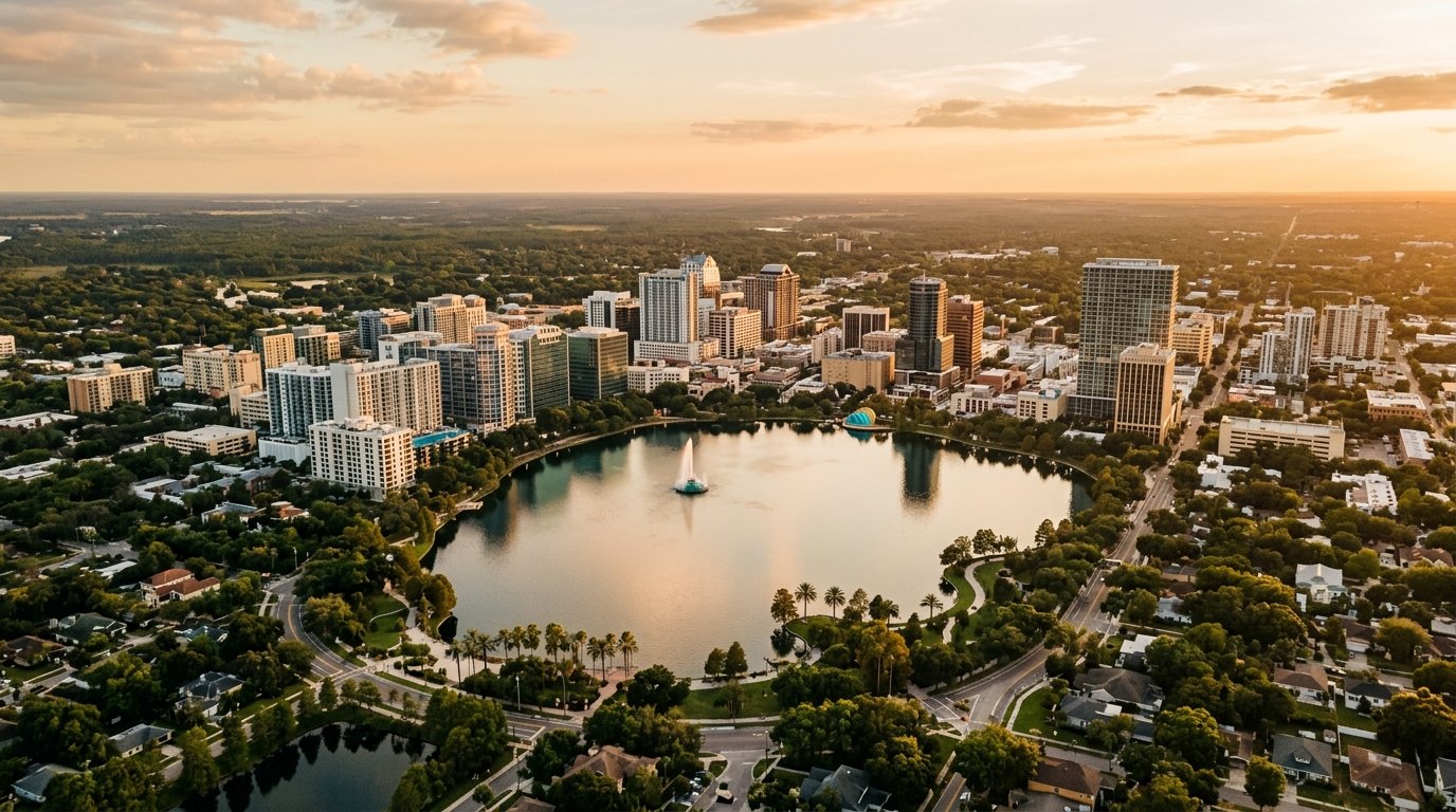 Orlando, FL skyline, editorial photograph.