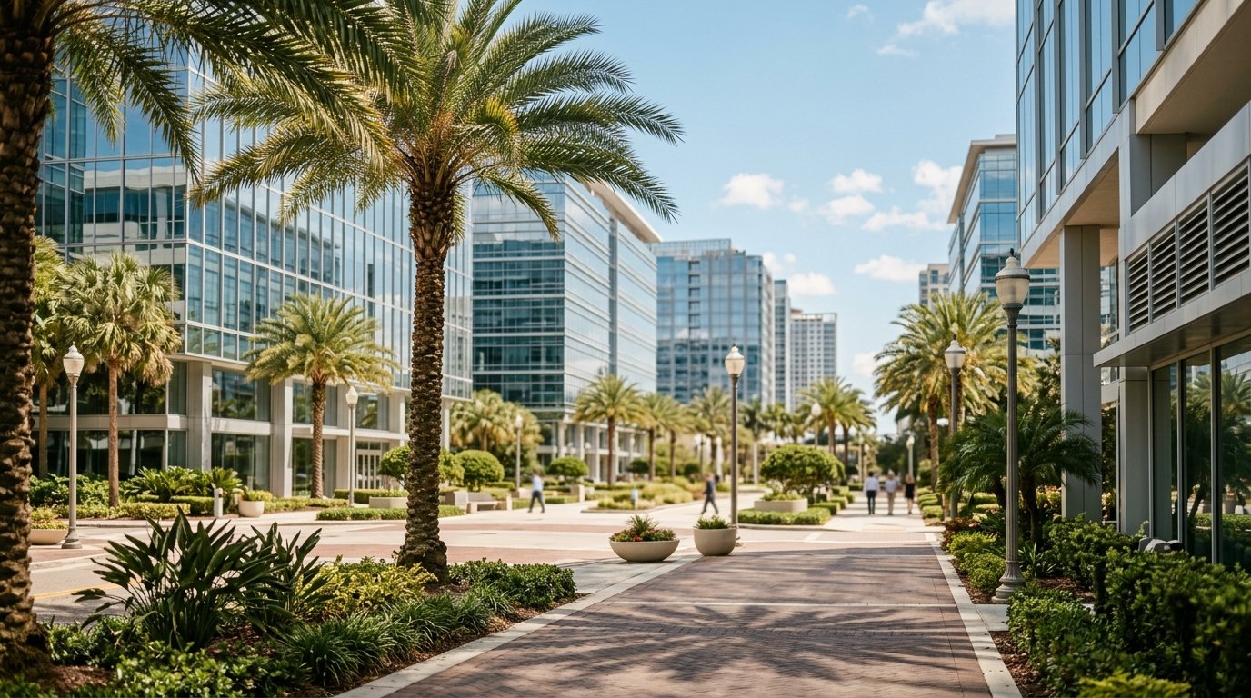 Tampa business district, atmospheric editorial photograph.