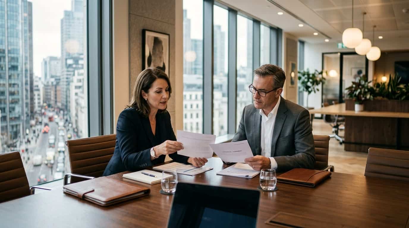 M&A advisory meeting, business brokers reviewing a deal.