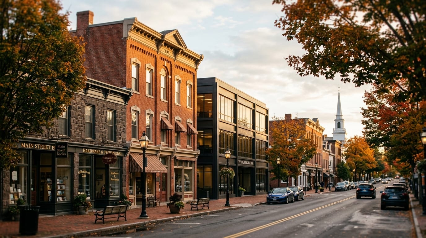 Connecticut business district, atmospheric editorial photograph.