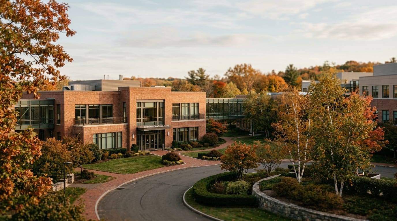 Danbury business district, atmospheric editorial photograph.