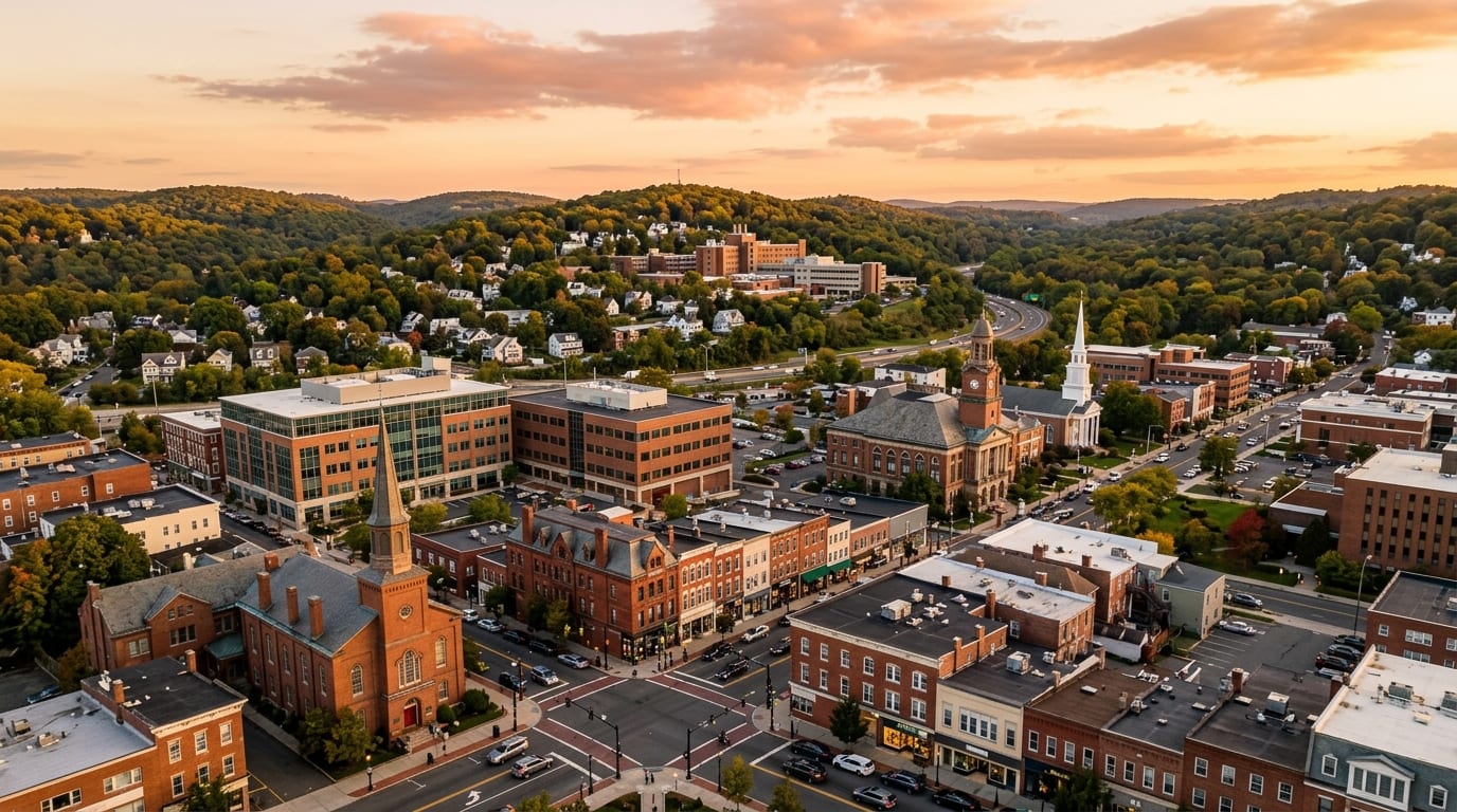 Danbury, CT skyline, editorial photograph.