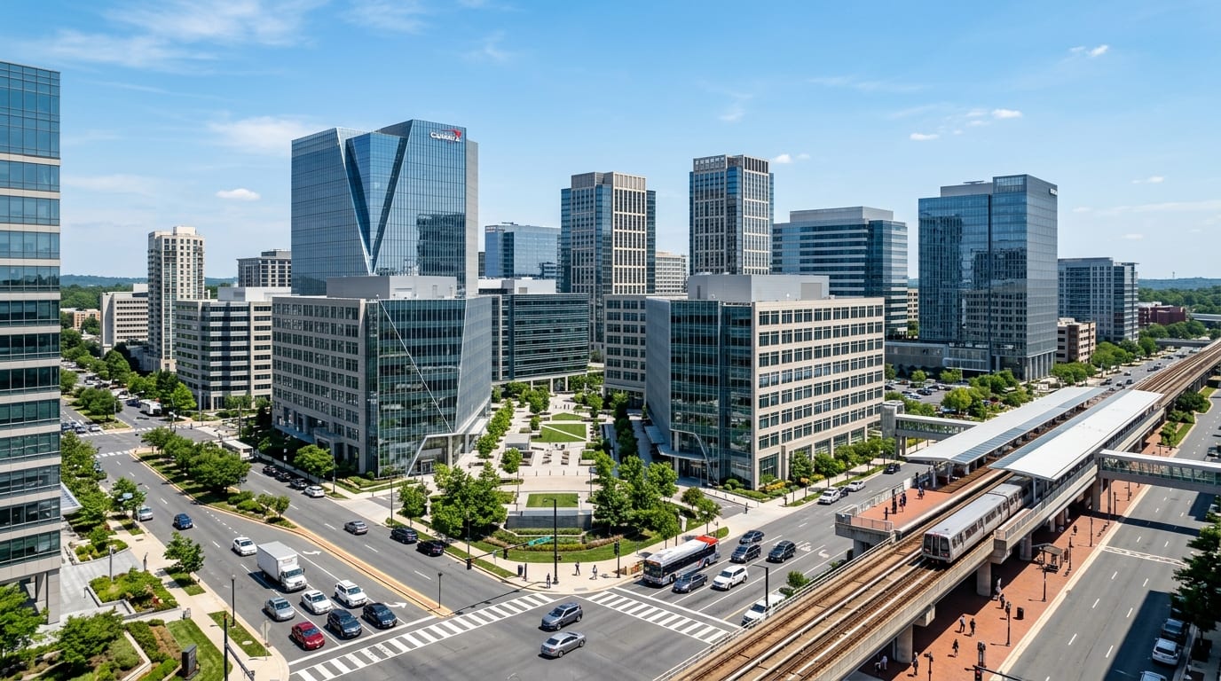 Fairfax, VA skyline, editorial photograph.