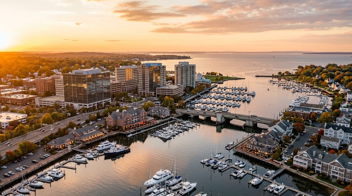 Norwalk, CT skyline, editorial photograph.