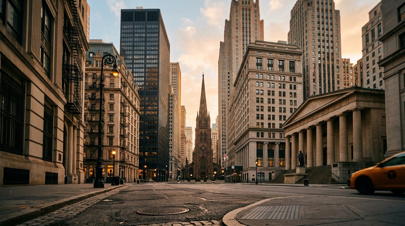 New York City business district, atmospheric editorial photograph.