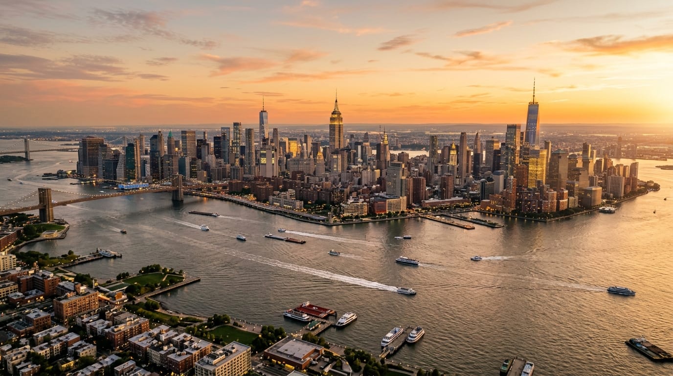 New York City, NY skyline, editorial photograph.