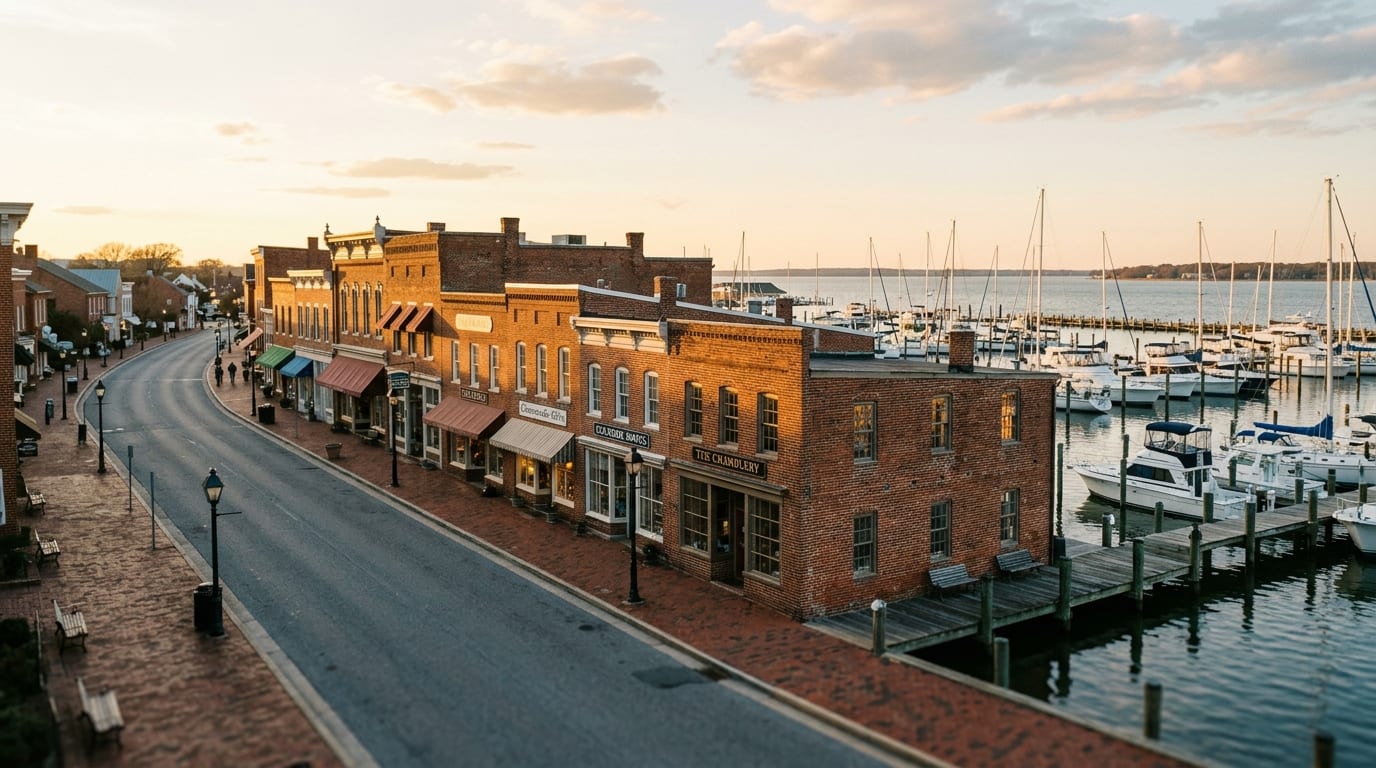 Queen Anne's County business district, atmospheric editorial photograph.