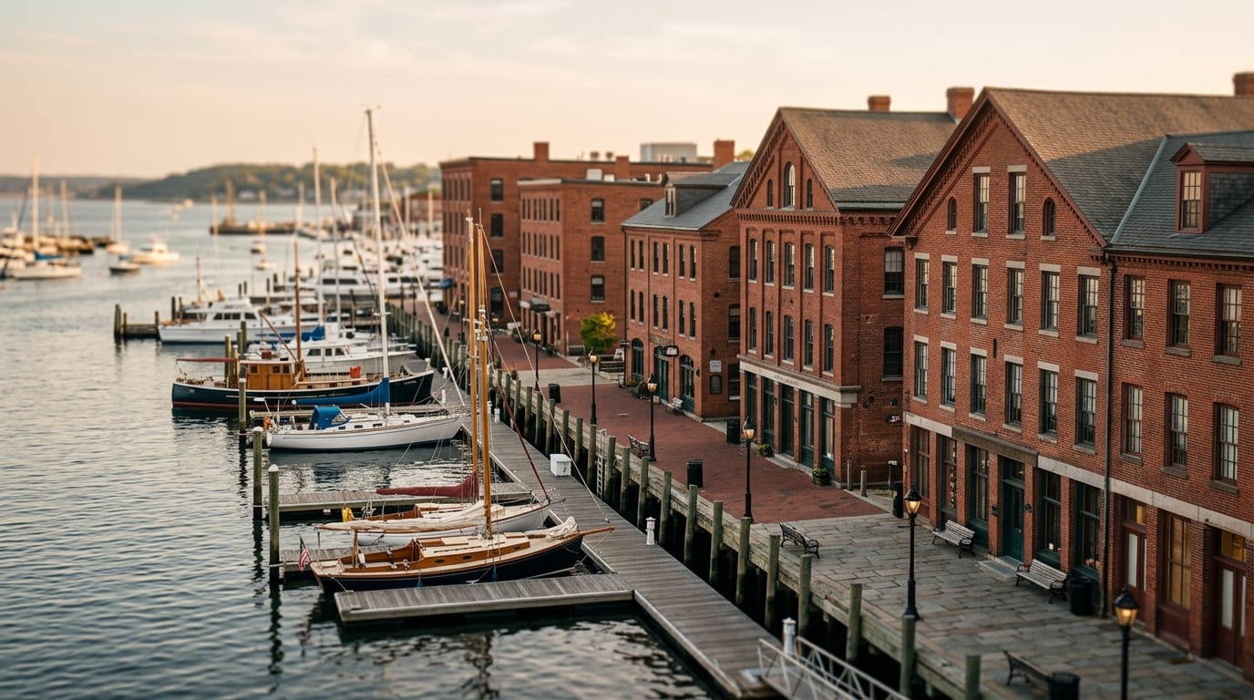 Rhode Island business district, atmospheric editorial photograph.