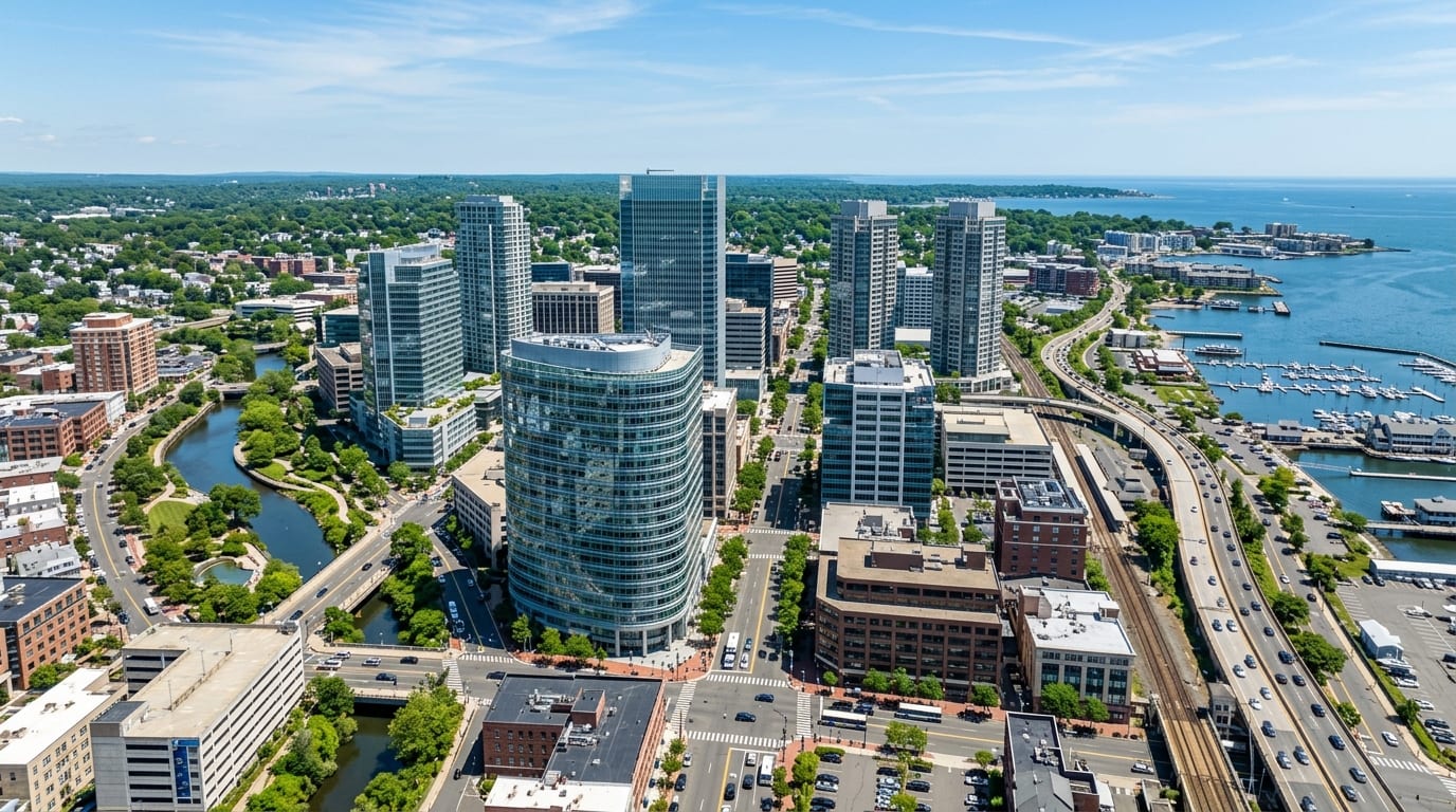 Stamford, CT skyline, editorial photograph.