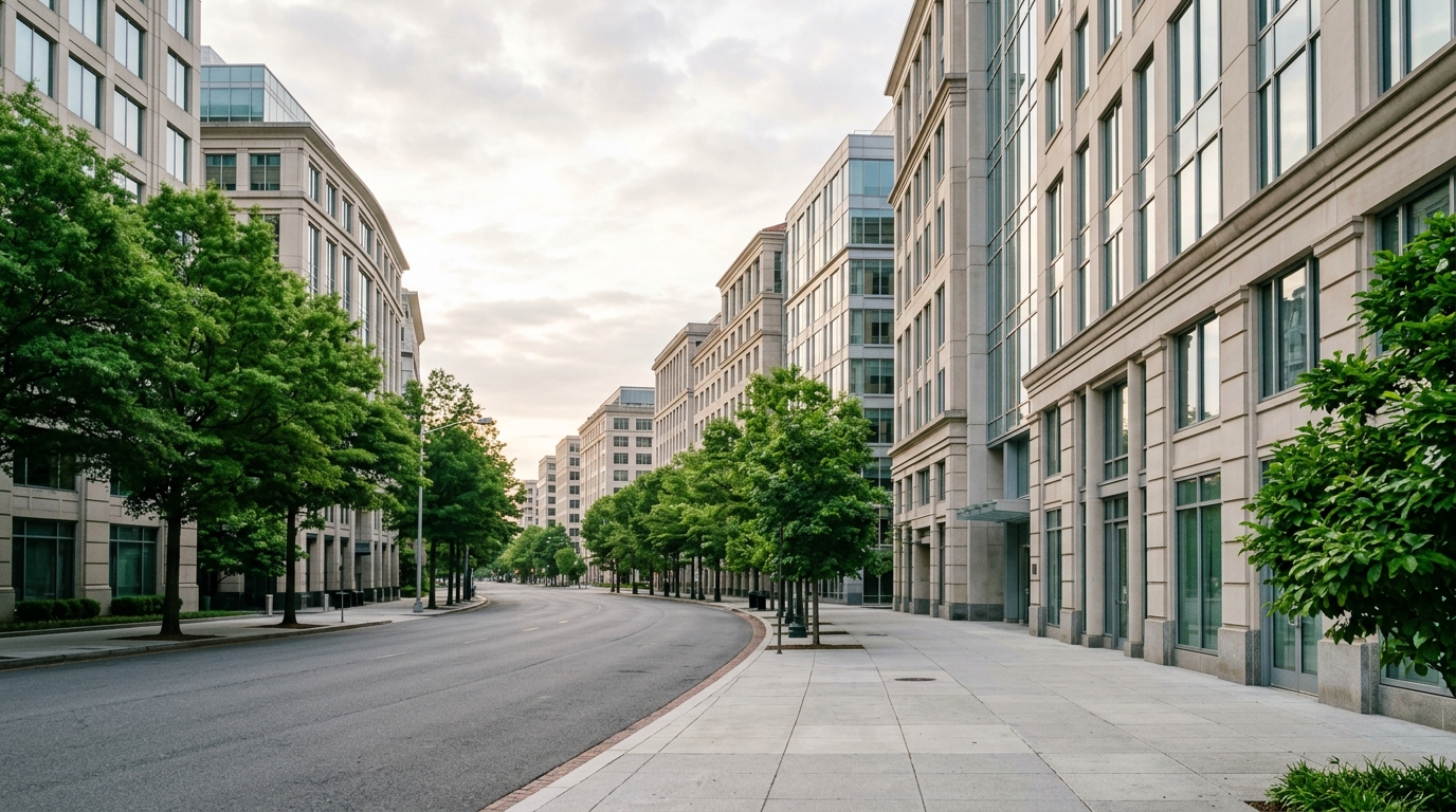 Washington business district, atmospheric editorial photograph.